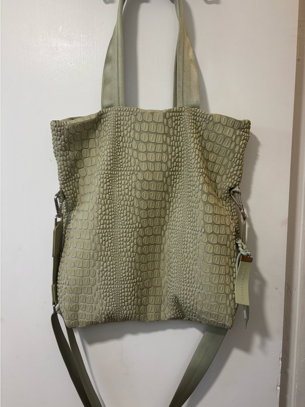 Daniella Lehavi Tokyo Fold Over Tote Sage Green Vegan Crocodlie Textured Dani